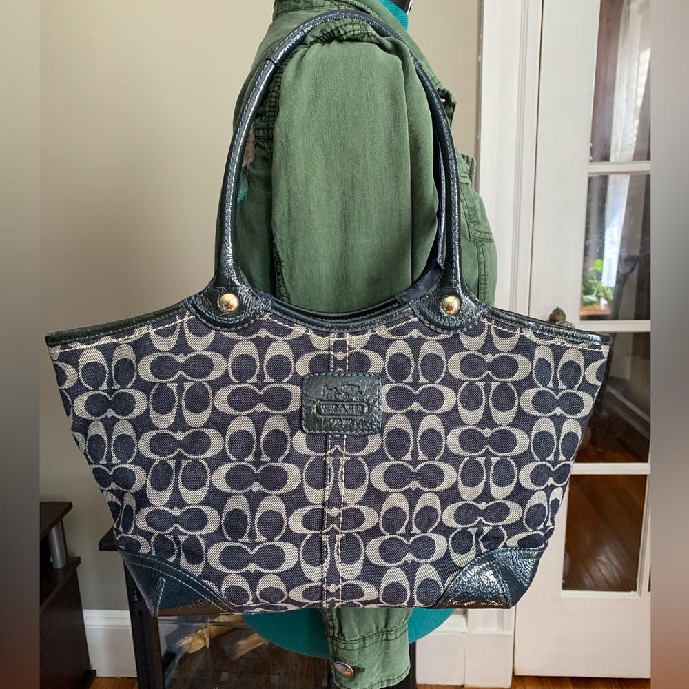 Coach Navy and Khaki Signature Canvas Tote with Dark Leather Trim